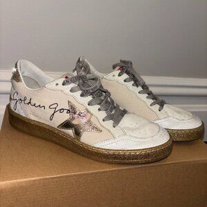 Used Super-Star distressed glittered leather Golden Goose Sneakers